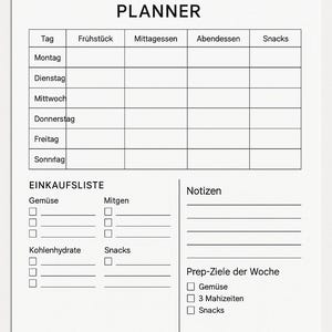 Könnte beinhalten: Ein weißer Wochenplaner für die Essenszubereitung mit schwarzem Text. Der Planer enthält Abschnitte für jeden Wochentag, Frühstück, Mittagessen, Abendessen und Snacks. Er hat auch eine Einkaufsliste und einen Notizenbereich.