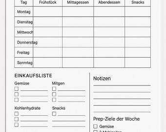 週ごとの食事準備プランナー – 印刷可能なPDF – 食事プラン – 食事プランナー – フィットネスと栄養
