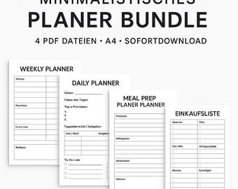ミニマリストプランナーバンドル – 週間プランナー、日次プランナー、食事準備プランナー、買い物リスト – A4 PDF – 日付なし – 即時ダウンロード