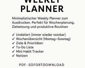 週間プランナー – ミニマリスト週間プランナー – 印刷可能なPDF – ToDoリスト – 目標と優先事項 – 日付なし