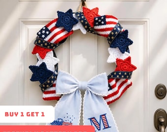 Patriotic Crochet Wreath Pattern, USA Flag Star Wreath PDF, 4th of July Door Decor Amigurumi Tutorial, American Flag Porch Decor