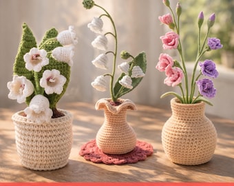 Paquete 3 en 1: Patrón de jarrón de flores a crochet, PDF de planta amigurumi, decoración DIY para habitación infantil, descarga instantánea para principiantes.
