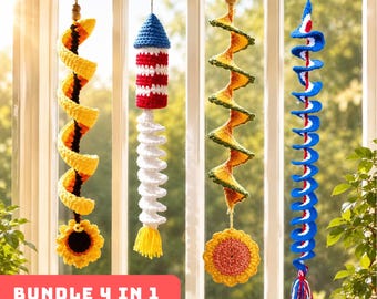 4in1 Crochet Wind Spinner Pattern Bundle PDF, DIY Patriotic Amigurumi 4th of July Summer Porch Decor, Easy Friendly Download