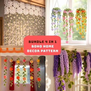 4-in-1 haakpatroonbundel pdf | Boho-huisdecoratie | Madeliefjegordijn, hangplant, bloemenslinger en blauweregen Amigurumi-tutorial