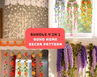 4-in-1 Crochet Pattern Bundle PDF | Boho Home Decor | Daisy Curtain, Hanging Plant, Flower Garland & Wisteria Amigurumi Tutorial