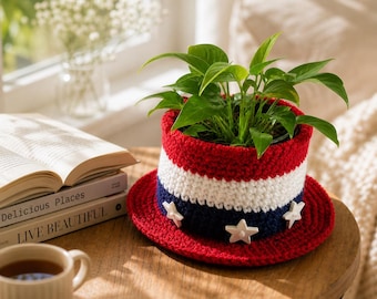 Crochet Patriotic Hat Pattern, 4th of July Candy Bowl Basket, Red White Blue Decor, Amigurumi Candy Holder, Independence Day Crochet PDF
