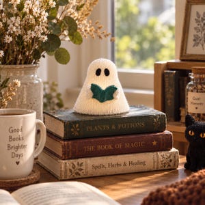 Puede incluir: Una peque&ntilde;a figura de fantasma tejida en blanco con ojos negros, sosteniendo un diminuto libro verde azulado. El fantasma se asienta sobre una pila de tres libros de estilo antiguo titulados Plants & Potions, The Book of Magic y Spells, Herbs & Healing.
