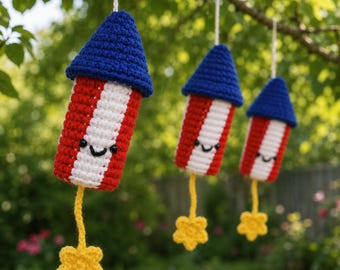 Crochet Patriotic Firecracker Ornament Pattern PDF, Amigurumi USA Rocket Tutorial, 4th of July Home Decor, Beginner Friendly DIY