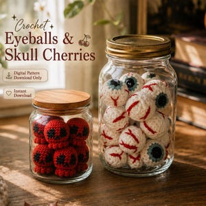 Virkat ögonglob- och dödskallekörsbärsmönster, Halloweenpresent, kuslig amigurumi-dekor, digital PDF-nedladdning