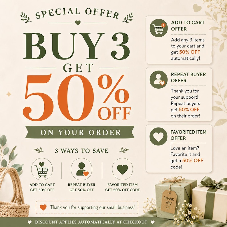 Puede incluir: Un gr&aacute;fico promocional con el texto SPECIAL OFFER BUY 3 GET 50% OFF ON YOUR ORDER. Describe tres formas de ahorrar: ofertas por a&ntilde;adir al carrito, compradores recurrentes y art&iacute;culos favoritos. El dise&ntilde;o incluye iconos y cajas de regalo.