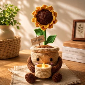 May include: A crocheted sunflower in a tan pot with a smiling face, holding a small candle holder with a glowing yellow light. A brown tag with the text flower and a sun icon is attached to the stem. The sunflower has yellow petals and a brown center.