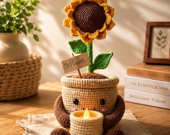 Crochet Sunflower Candle Holder Pattern PDF, Amigurumi Flower Pot Tutorial, DIY Christian Home Decor, Digital Download File