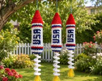 Crochet USA Rocket Firecracker Wind Spinner Pattern PDF, DIY Patriotic Amigurumi 4th of July Summer Porch Decor, Beginner Friendly Download