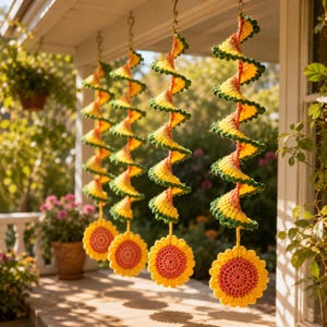 May include: Crocheted spiral and sunflower decorations hanging from a porch. The spirals are yellow and orange with green trim, and the sunflowers are yellow and orange. The decorations are suspended by metal hooks.