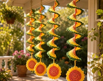 Crochet Sunflower Wind Spinner Pattern PDF, DIY Amigurumi Spiral Garland Tutorial, Easy Friendly Download File