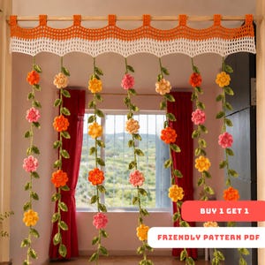 Gehaakt zomerslingergordijnpatroon | Gemakkelijke amigurumi-bloemstokken pdf-zelfstudie | Decor met hangende bloemen boho, vriendelijke download