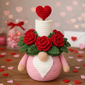Può includere: Un gnomo all'uncinetto fatto a mano con corpo rosa, barba bianca e naso beige. Ha una parte superiore bianca a forma di candela adornata con rose rosse e foglie verdi. Un cuore rosso è in cima. Decorazione di San Valentino.