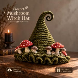 Crochet Mushroom Witch Hat Pattern, Dark Cottagecore Witchy Hat Tutorial PDF, DIY Halloween Home Decor, Instant Download