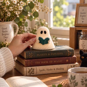 Puede incluir: Una peque&ntilde;a figura de fantasma tejida en color crema con ojos negros, sosteniendo un diminuto libro verde oscuro. El fantasma se asienta sobre una pila de tres libros de estilo antiguo titulados Plants & Potions, The Book of Magic y Spells, Herbs & Healing.
