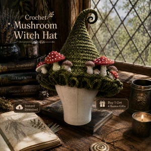 May include: A dark green crochet witch hat with a tall, curled tip, featuring several small, attached crocheted mushrooms in red and brown. The hat is displayed on a white mannequin head. Text on the image reads: Crochet Mushroom Witch Hat.