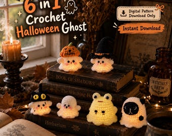 Puede incluir: Un patrón digital descargable para 6 fantasmas de Halloween a ganchillo. La imagen muestra seis pequeñas figuras de fantasmas tejidas e iluminadas, con varios accesorios que incluyen un sombrero de calabaza, un sombrero de bruja y orejas.