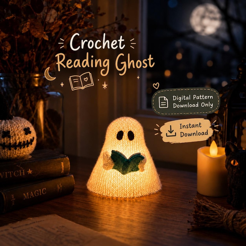 Crochet Reading Ghost holding a tiny green book, glowing warmly on a wooden table with Halloween books, candle, black cat, pumpkins, and moonlit window in the background.