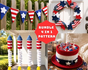 4in1 Bundle Patriotic Crochet Pattern PDF, DIY Easy Amigurumi 4th of July Home Decor, Beginner Friendly Download Tutorial