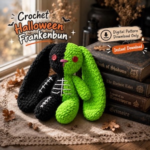 Puede incluir: Un conejo de peluche tejido a ganchillo en colores negro y verde neón, con ojos de botón rojos, nariz bordada en rosa y puntadas de hilo blanco en el cuerpo. La imagen incluye el texto Crochet Halloween Frankenbun y Digital Pattern Download Only.