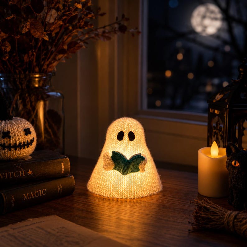 Puede incluir: Una figura de fantasma tejida de color crema que brilla, sosteniendo un peque&ntilde;o libro verde azulado. El fantasma tiene ojos ovalados oscuros y emite una luz c&aacute;lida desde su interior. Est&aacute; sobre una superficie de madera junto a libros y una vela.