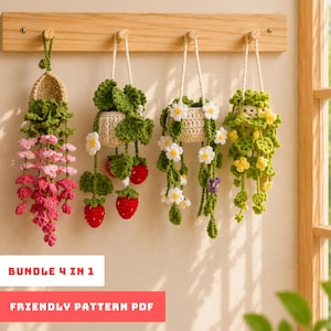 May include: Four hanging crochet plant decorations suspended from a wooden rack. The items feature pink wisteria, strawberries with green leaves, white daisies with green vines, and yellow flowers with green foliage. Text reads BUNDLE 4 IN 1 FRIENDLY PATTERN PDF.