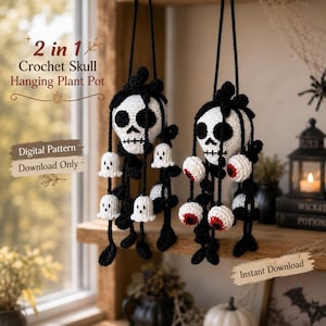 May include: Two hanging crochet skull plant pots with black yarn details. One features small white ghost accents, the other features red and white eyeball accents. Text reads: 2 in 1 Crochet Skull Hanging Plant Pot, Digital Pattern Download Only, Instant Download.
