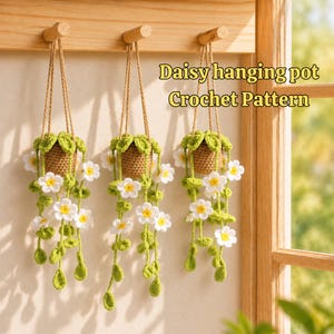 May include: Three crochet hanging pots with white daisy flowers and green leaves, suspended by tan cords from wooden pegs. The text Daisy hanging pot Crochet Pattern is displayed in the upper right corner of the image, featuring white flowers.