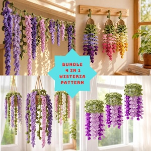 Könnte beinhalten: Eine Sammlung von gehäkelten Glyzinien-Pflanzendekorationen in verschiedenen Violett-, Rosa-, Gelb- und Weißtönen, mit hängenden Blumenranken und Topfdesigns, wobei der Text BUNDLE 4 IN 1 WISTERIA PATTERN in der Mitte angezeigt wird.
