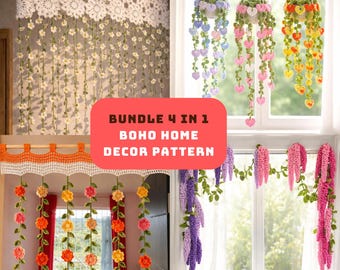 4-in-1 Crochet Pattern Bundle PDF | Boho Home Decor | Daisy Curtain, Hanging Plant, Flower Garland & Wisteria Amigurumi Tutorial