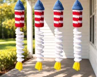Crochet Rocket Firecracker Wind Spinner Pattern PDF, DIY Patriotic Amigurumi 4th of July Summer Porch Decor, Beginner Friendly Download