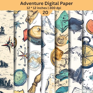 May include: A collection of 20 digital paper sheets titled Adventure Digital Paper, measuring 12 by 12 inches at 300 dpi. The patterns feature hand-drawn illustrations of vintage compasses, nautical maps, globes, and travel-themed items in blue, yellow, and cream tones.