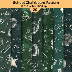 May include: A digital collection of 20 School Chalkboard Pattern designs, each measuring 12 by 12 inches at 300 dpi. The patterns feature white hand-drawn geometric shapes, scribbles, and abstract lines on a dark green textured chalkboard background.