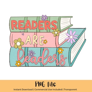 Könnte beinhalten: Ein Stapel von drei Büchern mit dem Schriftzug "Readers Are Leaders" in einem Retro-Stil. Die Bücher sind grün, rosa und türkis und mit Blumen verziert.