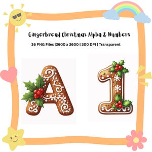 May include: A festive image featuring gingerbread letters and numbers for Christmas. The letter "A" and the number "1" are decorated with white icing, holly, and red berries. The image includes the text "Gingerbread Christmas Alpha & Numbers".