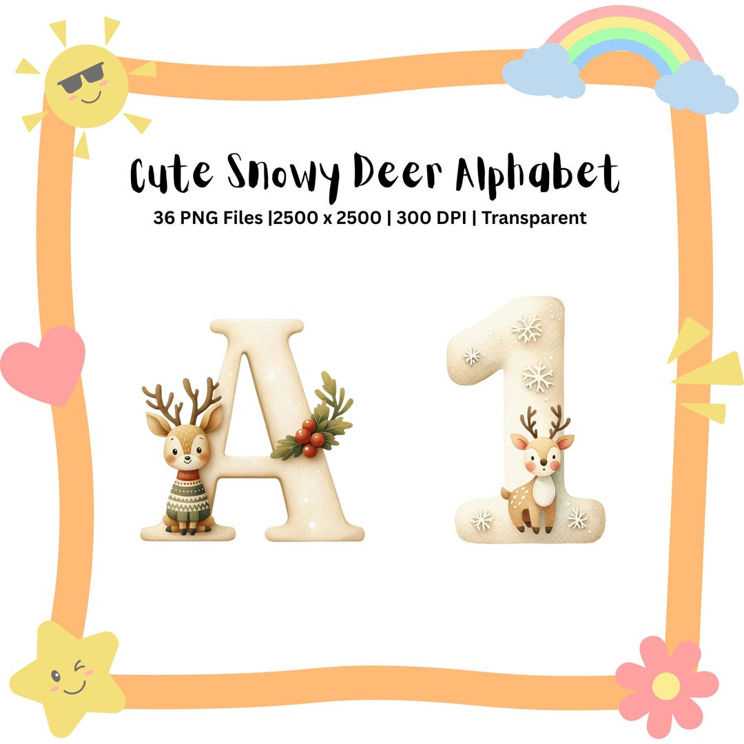 Snowy Deer Alphabet PNG A-Z 0-9 | Winter Woodland Letters | Sublimation ...