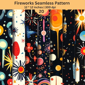 Op de afbeelding: Een digitale collectie van 20 naadloze patronen met vuurwerk, kaarsen en hemelse motieven in levendig rood, oranje, geel en blauw op donkere en lichte achtergronden. De tekst Fireworks Seamless Pattern 12 * 12 inches | 300 dpi is zichtbaar.