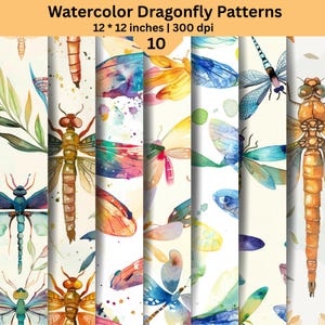 Op de afbeelding: Een digitale collectie van 10 aquarel libellenpatronen met diverse insecten in blauwe, oranje, gele en groene tinten. De tekst luidt Watercolor Dragonfly Patterns, 12 * 12 inches | 300 dpi, en 10. De ontwerpen bevatten gedetailleerde vleugels en lichamen.