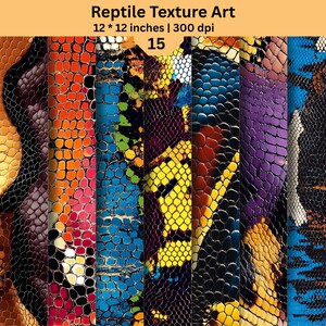 Puede incluir: Una colección digital titulada Reptile Texture Art, 12 * 12 inches | 300 dpi, 15. La imagen muestra una serie de paneles verticales con varios patrones de piel de reptil en colores vibrantes que incluyen naranja, rojo, azul, amarillo, morado y negro.