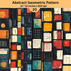 May include: A digital collection of 20 abstract geometric pattern designs featuring a dark background with squares and rectangles in red, yellow, blue, and white. Each square contains hand-drawn lines, grids, and symbols. Text reads: Abstract Geometric Pattern, 12 * 12 inches | 300 dpi, 20.