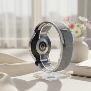 Puede incluir: Un reloj inteligente plateado con una correa de tela gris y azul se exhibe en un soporte transparente. La esfera del reloj es negra con un bisel plateado. La correa tiene un cierre de velcro. Un jarrón con flores y un libro están en el fondo.