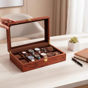 Boîte de rangement pour montres avec 12 emplacements, vitrine en acajou rouge pour la maison ou le magasin