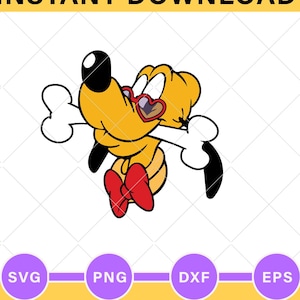 May include: A digital graphic illustration of a yellow cartoon dog with black ears, wearing red heart-shaped glasses and red shoes, holding a large white bone in its mouth. The image includes the text INSTANT DOWNLOAD and file formats SVG, PNG, DXF, EPS.