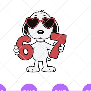 Pode incluir: Ilustração de desenho animado de um cão branco usando óculos de sol em forma de coração e segurando os números 6 e 7. O cão tem orelhas pretas e uma coleira vermelha. As palavras "INSTANT DOWNLOAD" estão no topo, com ícones SVG, PNG, DXF e EPS abaixo.