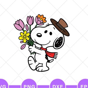 May include: A digital illustration of Snoopy holding a bouquet of flowers. Snoopy is wearing a brown hat and a red scarf. The flowers are pink, yellow, and orange. The words "INSTANT DOWNLOAD" are at the top.