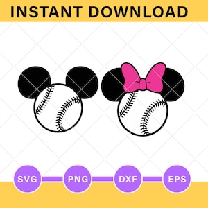 Puede incluir: Dos diseños con temática de béisbol. Uno presenta una pelota de béisbol con orejas negras de Mickey Mouse. El otro diseño tiene un lazo rosa encima de la pelota de béisbol con orejas negras de Mickey Mouse. Las palabras "INSTANT DOWNLOAD" están en la parte superior. Tipos de archivo: SVG, PNG, DXF y EPS.